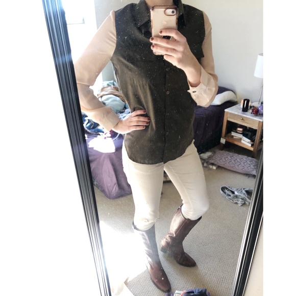 Olive green and cream button-down - Picture 3 of 4